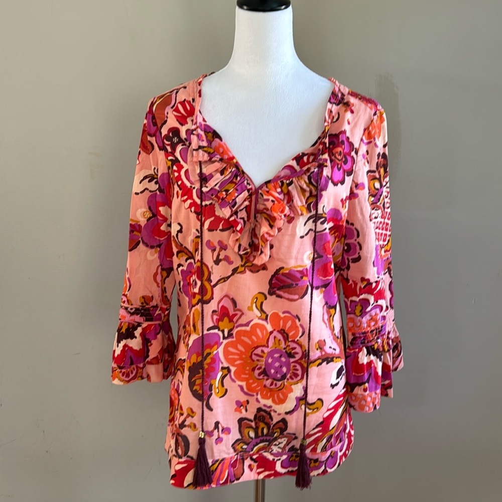 Tory Burch Gwenna Orange Pink‎ 3/4 Sleeve Tassel Tie Floral Blouse Top Size 10